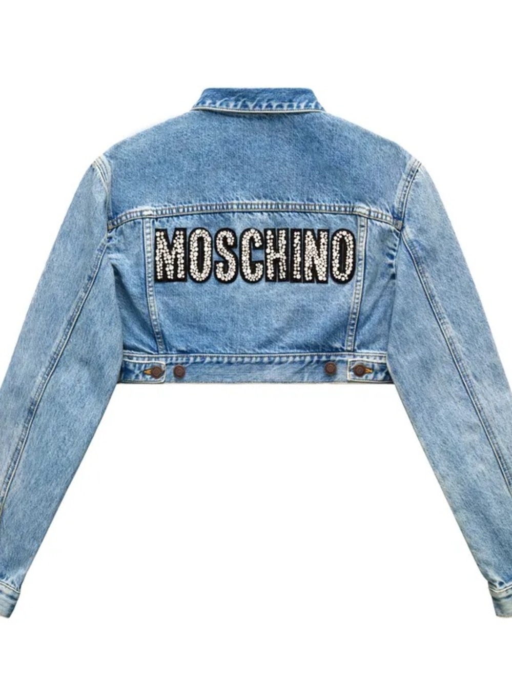 Moschino Light Blue Cropped Denim Jacket with Crystal Logo XS